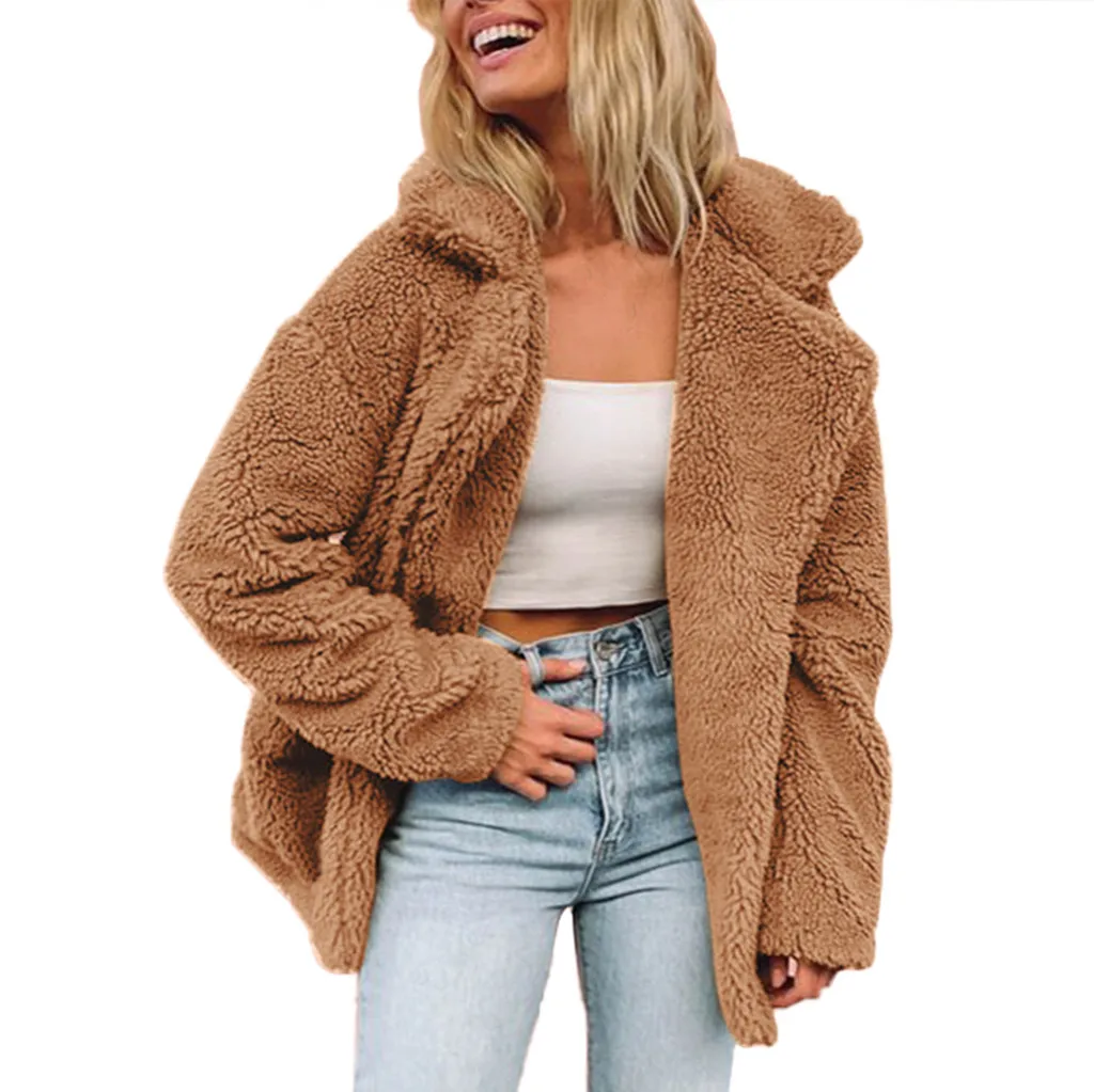 Шуба из искусственного меха CHAMSGEND толстая теплая плюшевая с отворотом и длинным