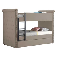 Beige Fabric  Wood Bunk Bed For Kids Hardwood Twin Over Twin Bunk Bed With Trundle
