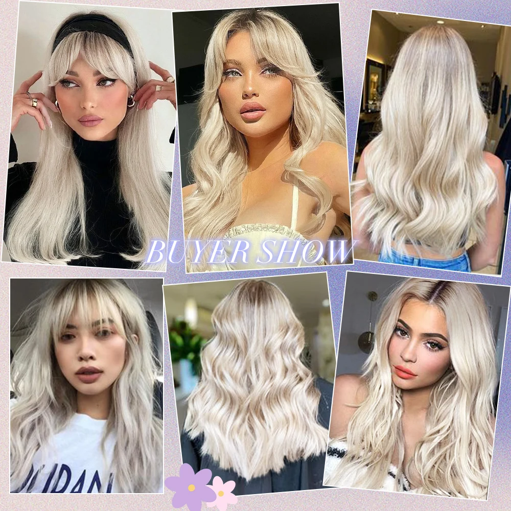 JONRENAU Synthetic Wavy Blonde Platinum Wigs For Women With Bangs Ombre Dark Long Wave Wig Party Daily Heat Resistant Fibre Hair | Шиньоны и