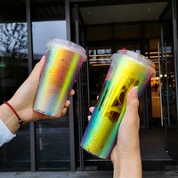 50pcs high quality rainbow laser cup inside the film disposable milk tea cup net red coffee juice drink cup 700ml injection cup