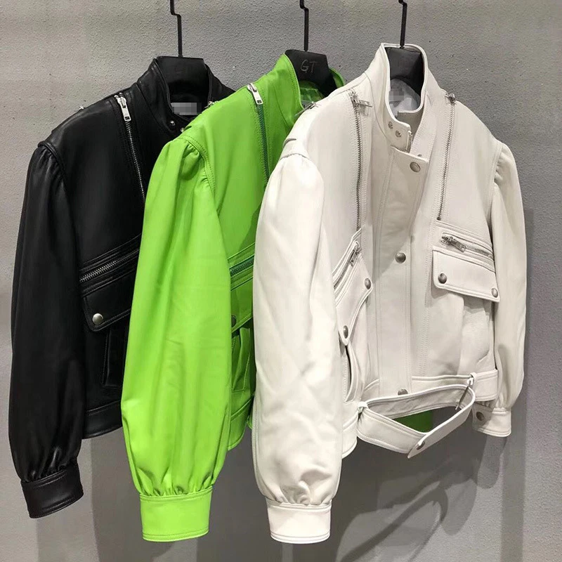 

2021 Autumn New Genuine Leather Motorcycle Jacket Puff Sleeve New Zealand Imported Sheep Leather Jacket