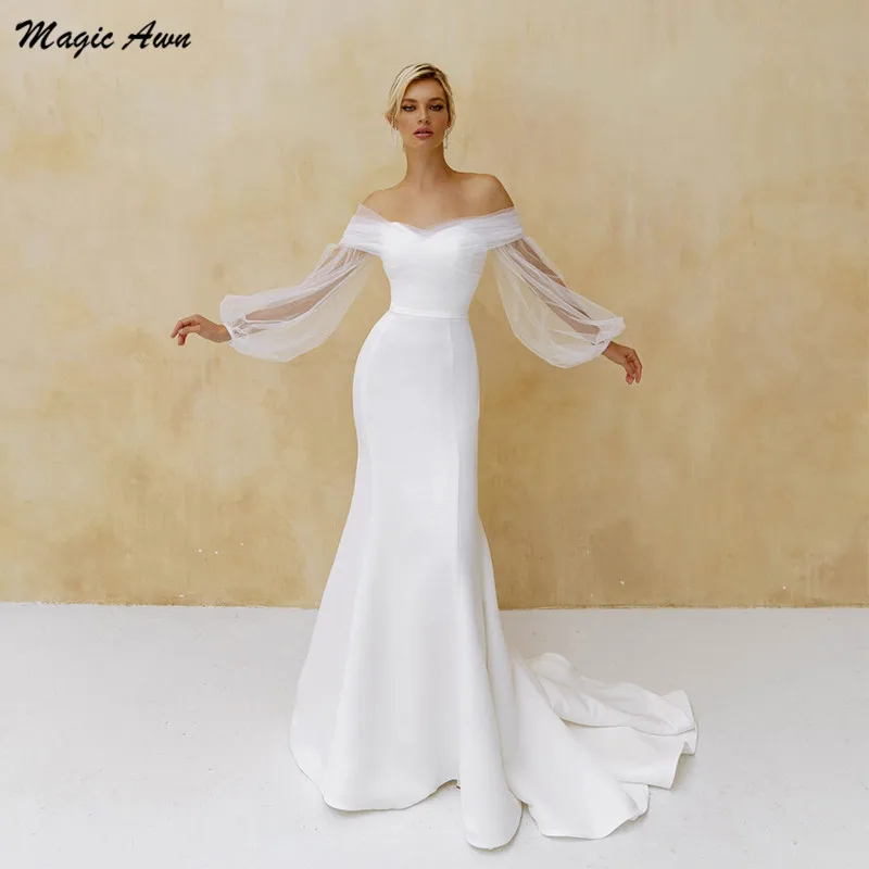 

Magic Awn Off The Shoulder Mermaid Wedding Dresses Full Puffy Sleeves Simple White Satin Bride Dress Elegant Wedding Party Gown