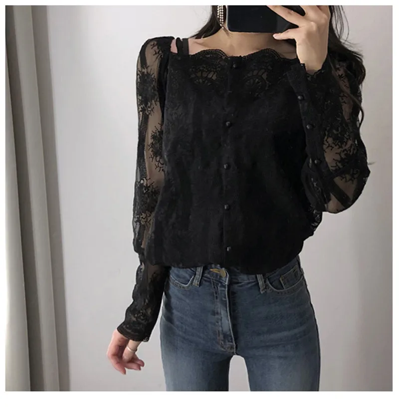 Блузка женская кружевная с открытыми плечами и длинным рукавом | Женская одежда