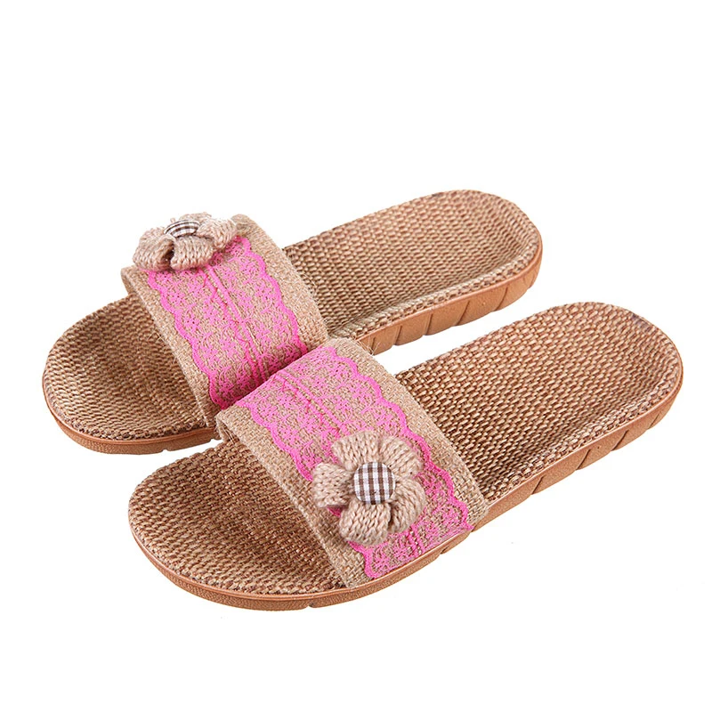 Шлепанцы женские льняные сланцы пляжная обувь богемный стиль бант лен сандалии