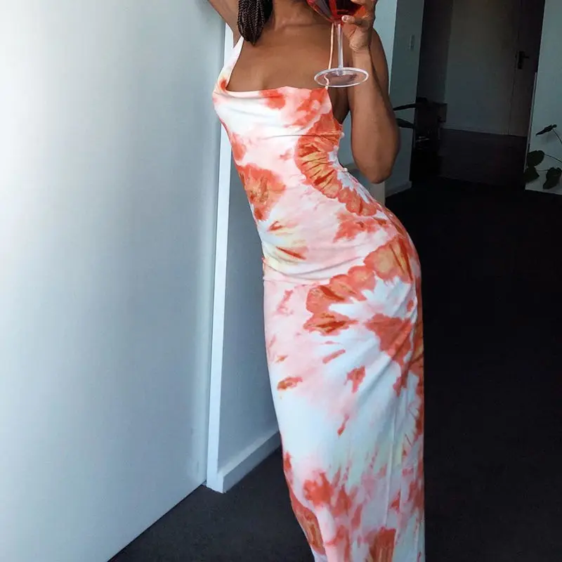 

2021 Summer Female Sexy Low-cut Backless Tie-dye Strap Dress Sleeveless Diagonal Collar Mid-calf Long Dresses for Women Y770