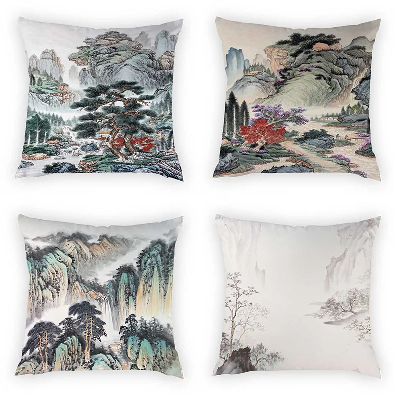 

Nature Landscape Chinese Style Cushion Cover Waterfall Lake Deciduous Forest Car Home Decorative Peach Skin Pillow Cases 45*45cm