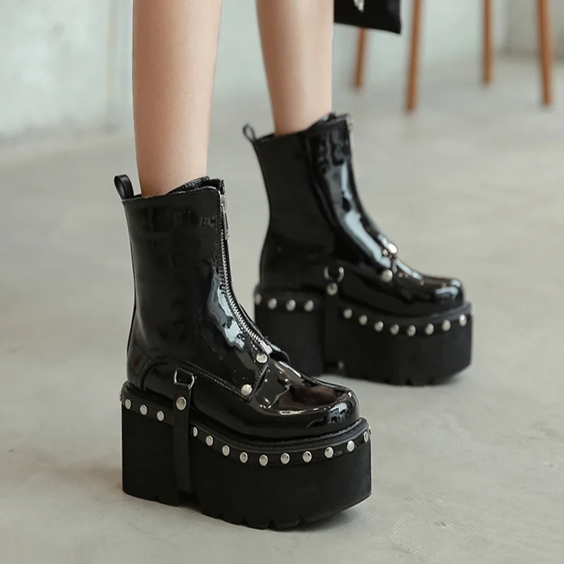 

Krasovki Ankle Boots Genuine Leather Black Motorcycle Women Boots Platform Chunky Heel Shoes For Female