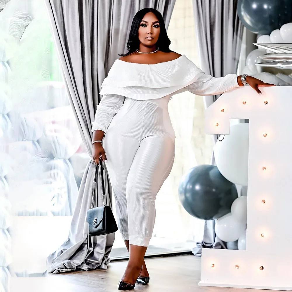 

Plus Size Loose One-shoulder Pit Strip Women Jumpsuit Solid Color Long Sleeve Club One Piece Romper Outfit Sexy Female Jumpsuits