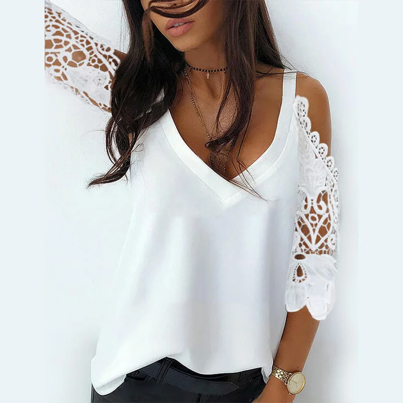 

Spaghetti Strap Sleeve Lace Women's Blouse Sexy V-neck White Black Female Blouses 2021 Spring Patchwork Office Fashion Lady Top