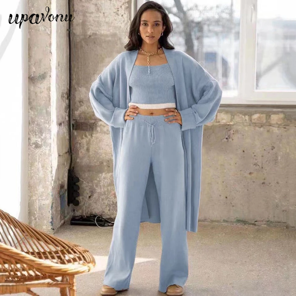 

Free Shipping Women's 3-piece Suit V-neck Long Sleeve Loose Long Cardigan Jacket & Vest & Straight Pants Autumn Casual Set