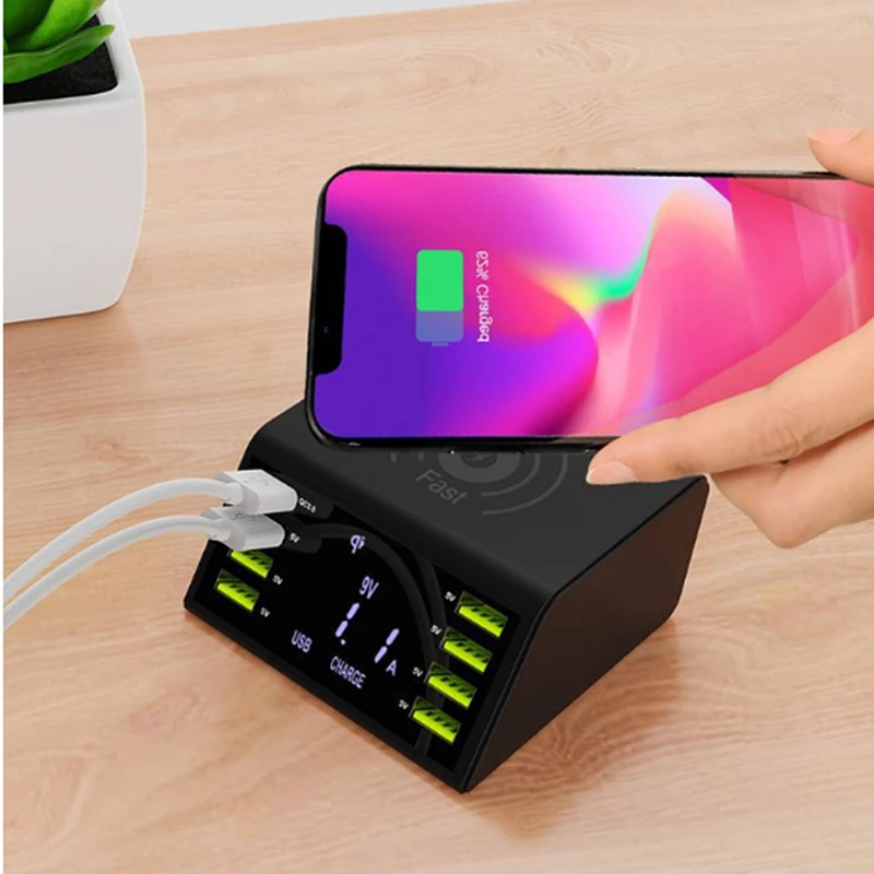 Мульти 8-портовое Беспроводное зарядное устройство USB 60 Вт светодиодный дисплей Быстрая зарядка быстрозарядная станция для iPhone 7 8 XR samsung S8 S9 S10 huawei