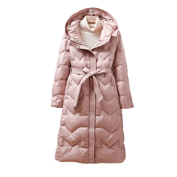 

2020 autumn/winter new fashion hooded belt waist slim mid-length down jacket mid-thick autumn down jacket