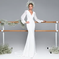 simple white long sleeves mermaid wedding dresses 2022 pleats court train zipper back v neck bridal gowns with sashes customized