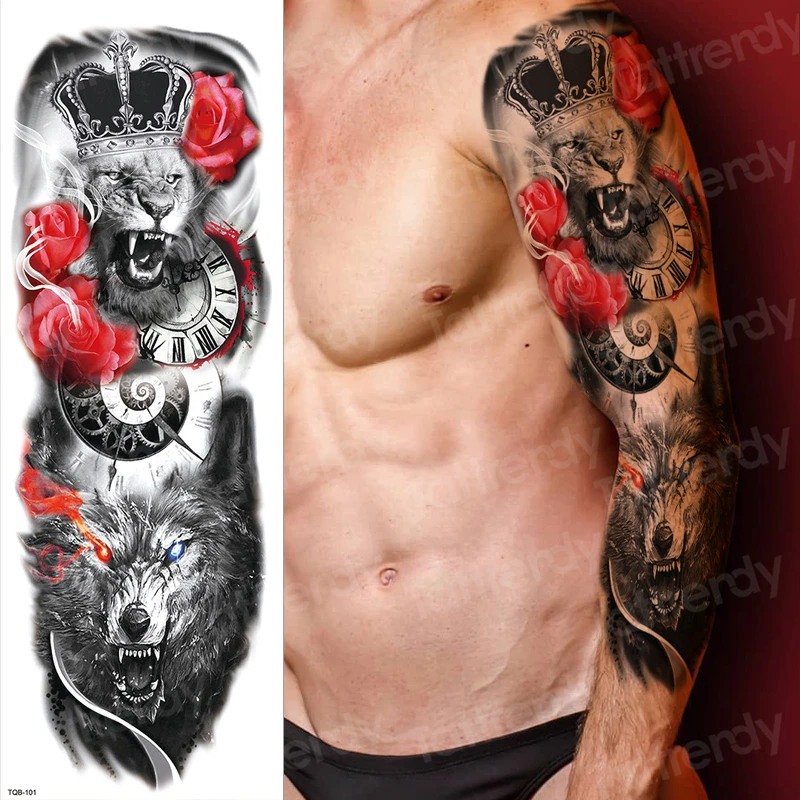 Тату-рукав Механическая с головой льва искусственная татуировка временные