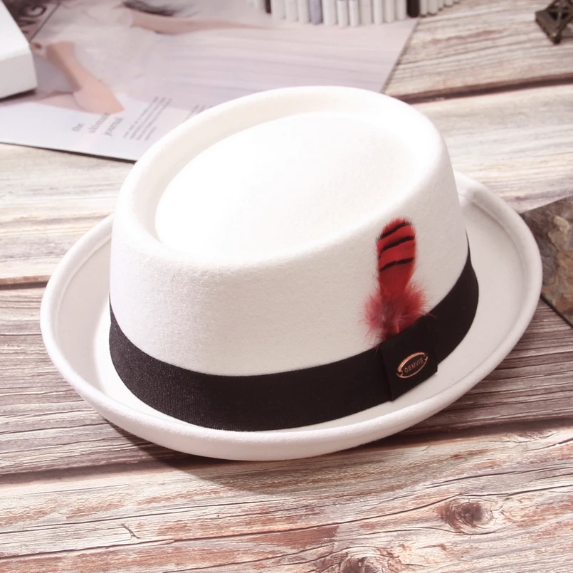 GEMVIE 100% Wool Felt Crushable Men Women Porkpie Fedora Hat Short Brim Autumn Winter Pork Pie Hat Striped Feather Band fedoras