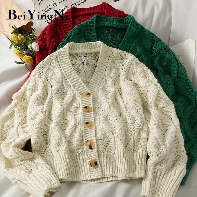 

Beiyingni Female Cardigan Solid Color Buttons Hollow Out 2021 Loose Casual Autumn Jumper Vintage Oversized Sweater Pull Femme