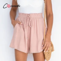conmoto elastic waist drawstring shorts pocket dusty pink summer shorts woman causal loose lace hollow out side shorts 2021 new