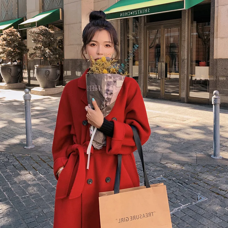 

Red woolen coat women's mid-length Korean style autumn and winter new style over-the-knee loose temperament thick woolen coat