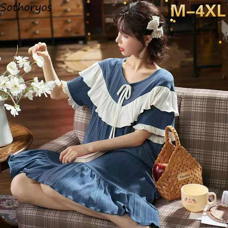 

Women Nightgowns Oversize 4XL Ruffles Round Neck Print Short Sleeve Removeable Padded Sleepwear Soft Baggy Ulzzang Sweet Kawaii