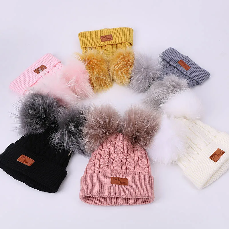 Милая Детская Зимняя Шапка бини с натуральным цветным меховым помпоном уличные