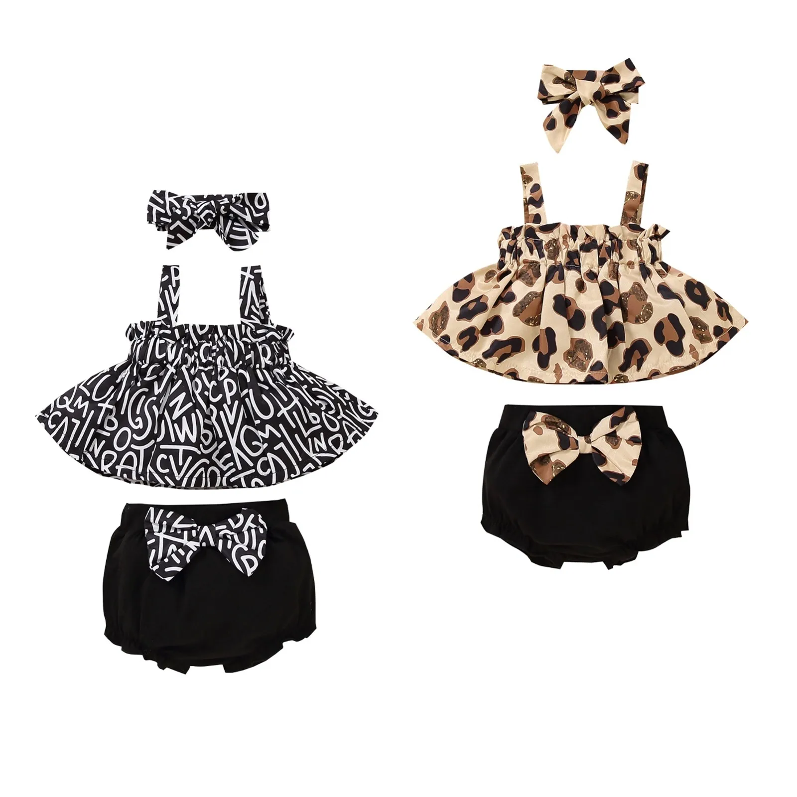 

Летний комплект из 3 предметов для маленьких девочек 0-12 месяцев, топ без рукавов на бретелях-спагетти с леопардовым/буквенным принтом + шорт...