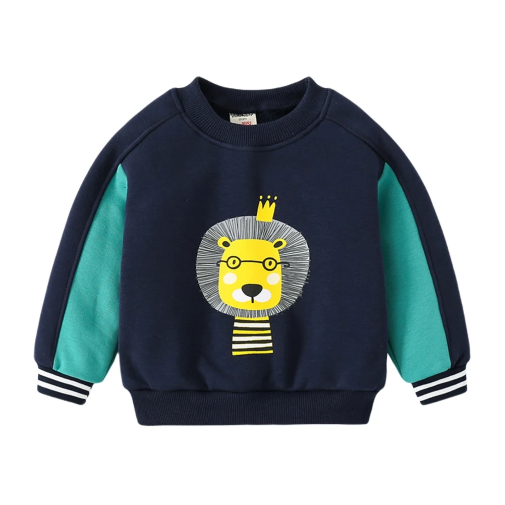 

Autumn Winter Kids Boys Lined Sweatshirts Contrast Color Crewneck Pullover Cartoon Lion Casual Children Outfits 2-7T Fashion