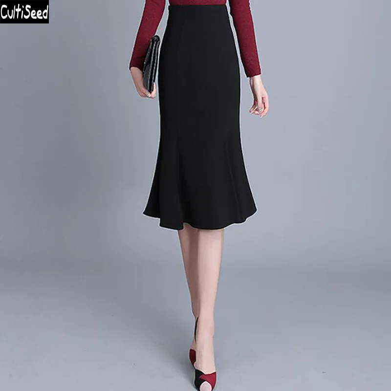 

Women Autumn Winter Fashion Trumpet Skirts Female High Waist Office Work Party Fishtail Skirts Ladies Black Formal Skirts
