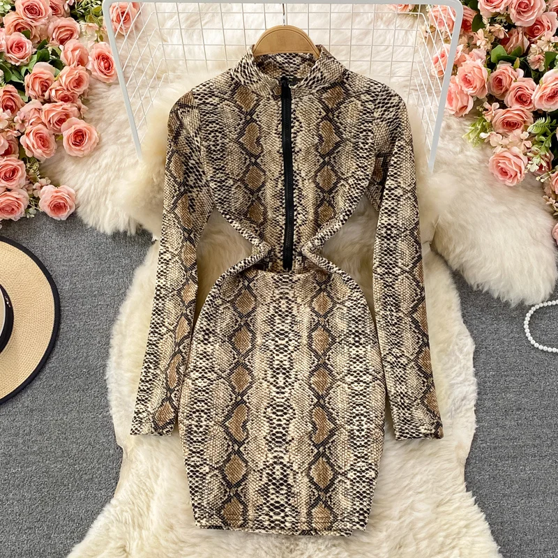 

Europe and the United States sexy leopard snake print zipper zipper dress female slim small bottom bag hip short skirt