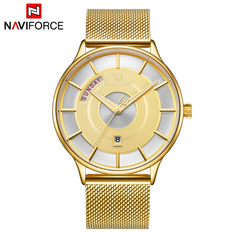 Golden NAVIFORCE Мужские Аналоговые кварцевые часы от ведущего бренда, мужские Модные Роскошные бизнес часы из нержавеющей стали, повседневные спортивные водонепроницаемые часы - Цвет: Golden