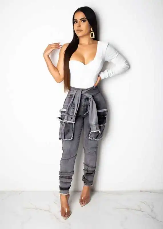 

Women Sexy Nightclub Small Feet Pencil Pants Fake Sleeve Lace Fashion Button Washed Jeans
