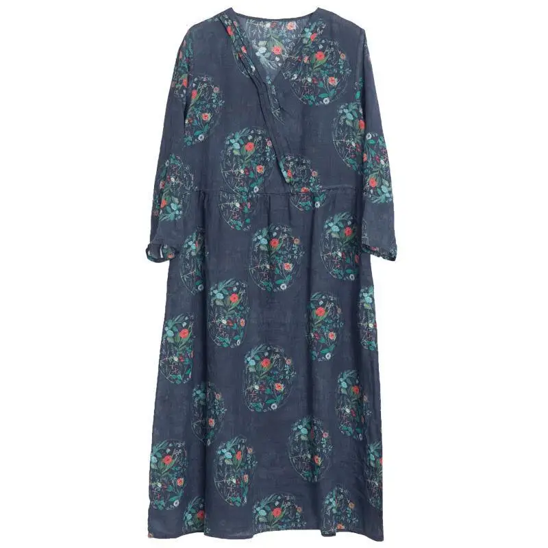 

National Style Cotton Hemp Dress Women's Spring And Autumn New Product Loose Large V-neck Print Over The Knee Slim Linen Medium