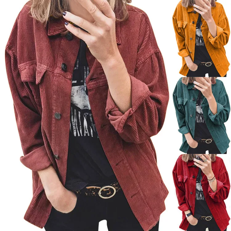 Women Jacket 2022 Solid Color Black Jacket Top Cardigan Loose Corduroy Jacket Winter Stylish Pockets Lapel Casual Tops