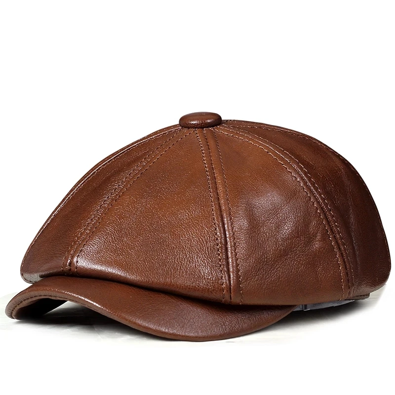 

Men's Women's Genuine Leather Beret Hats Unisex Top Grade Octagonal Yellow/Black Painter Caps Man Fitted Bonnet