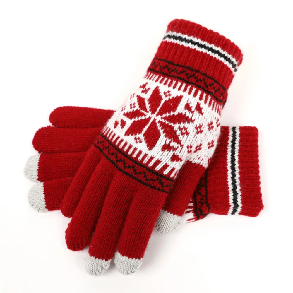 

1 Pair Warm Winter Female Wool Knitted Wrist Gloves Women Men Snowflake Pattern Full Finger Unisex Gloves Mittens Driving Gloves