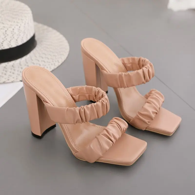 

Slippers Casual High-Heeled Shoes Lady Slides Slipers Women Big Size Low Luxury 2021 Summer Pleated Basic PU Rubber Fabric Rome