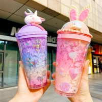 unicorn ice cup with straw kawaii pink double layer clear water bottle for girls plastic mug creative personality fun handy cup