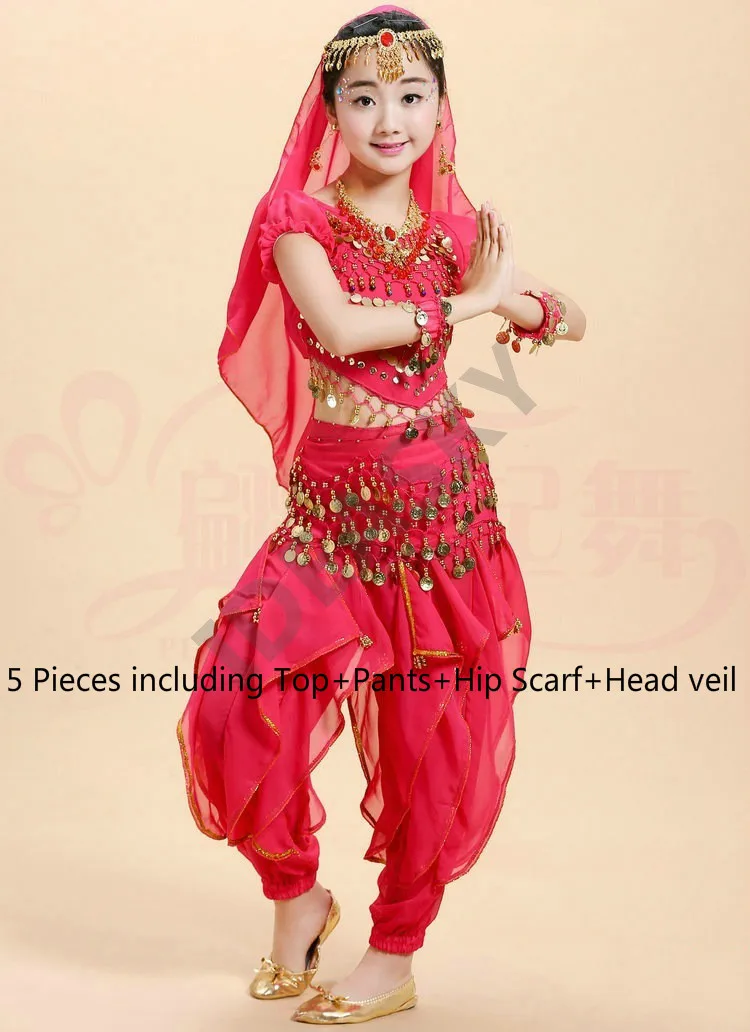 hot pink 5pcs Арабский танец живота с блестками, профессиональный костюм для танца живота, детские костюмы, Детский костюм, комплект для взрослых и детей, топ, штаны - Цвет: hot pink 5pcs