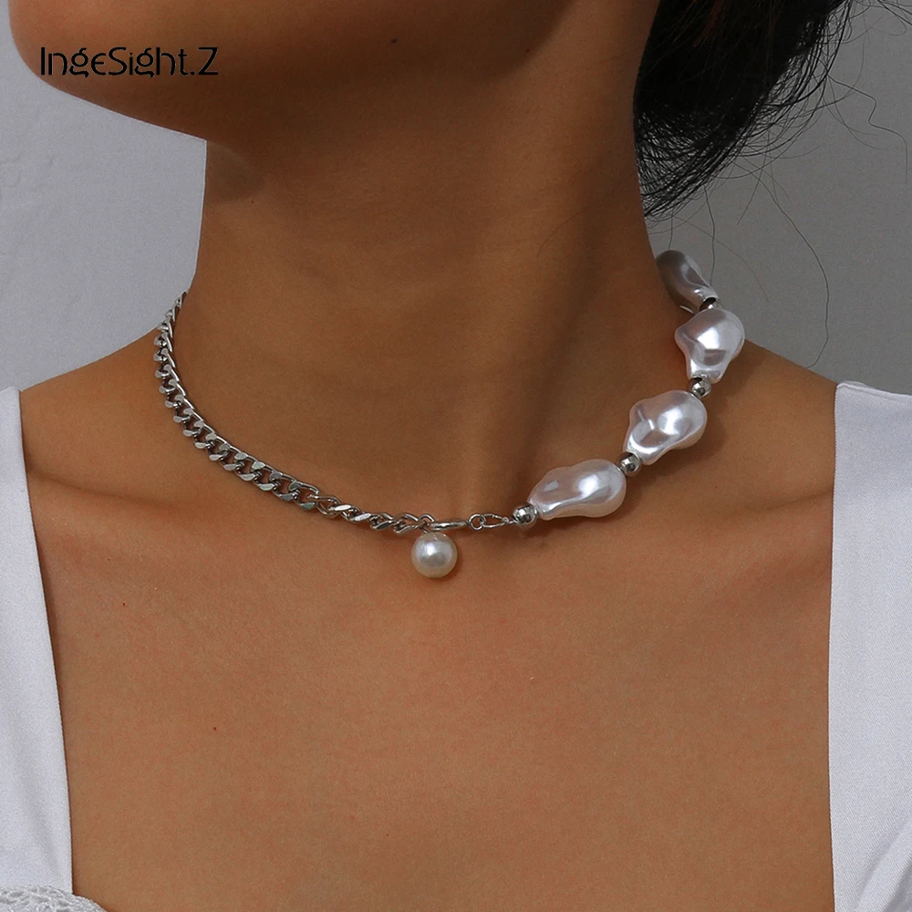 

IngeSight.Z Bohemia Baroque Imitation Pearl Choker Necklace Silver Color Minimalist Asymmetric Collar Necklace for Women Jewelry