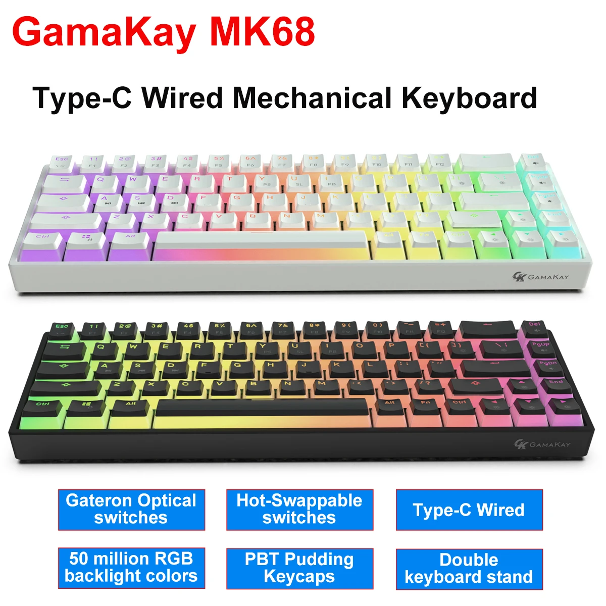 GamaKay MK68 Type-C Wired Mechanical Keyboard Gateron Optical Switch NKRO RGB 68 Keys 65% Hot Swappable Pudding Gaming Keyboards