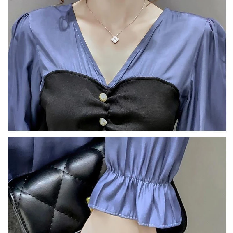 

Spring Korean Fake-Two V-Neck Ruffle Blouses Women Elegant Pearl Button Long Sleeve Shirt Vintage Slim Pleated Pullover Tops