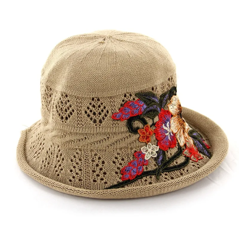 Вязаная шляпа летняя женская в рыбацком стиле от солнца с вышивкой