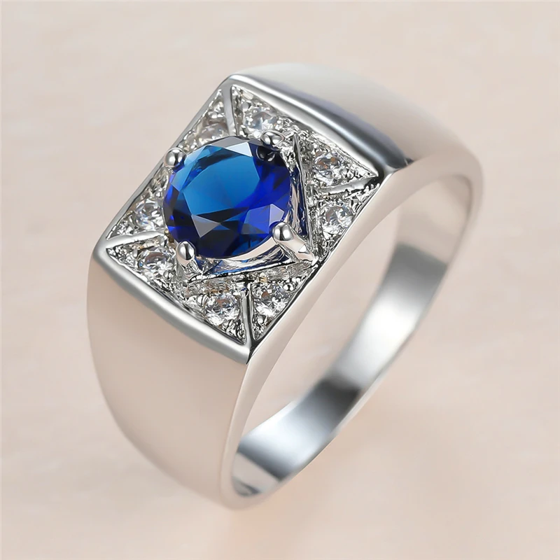 

Vintage Male Female Blue Crystal Stone Ring Charm Silver Color Wedding Rings For Women Men Trendy Round Zircon Engagement Ring