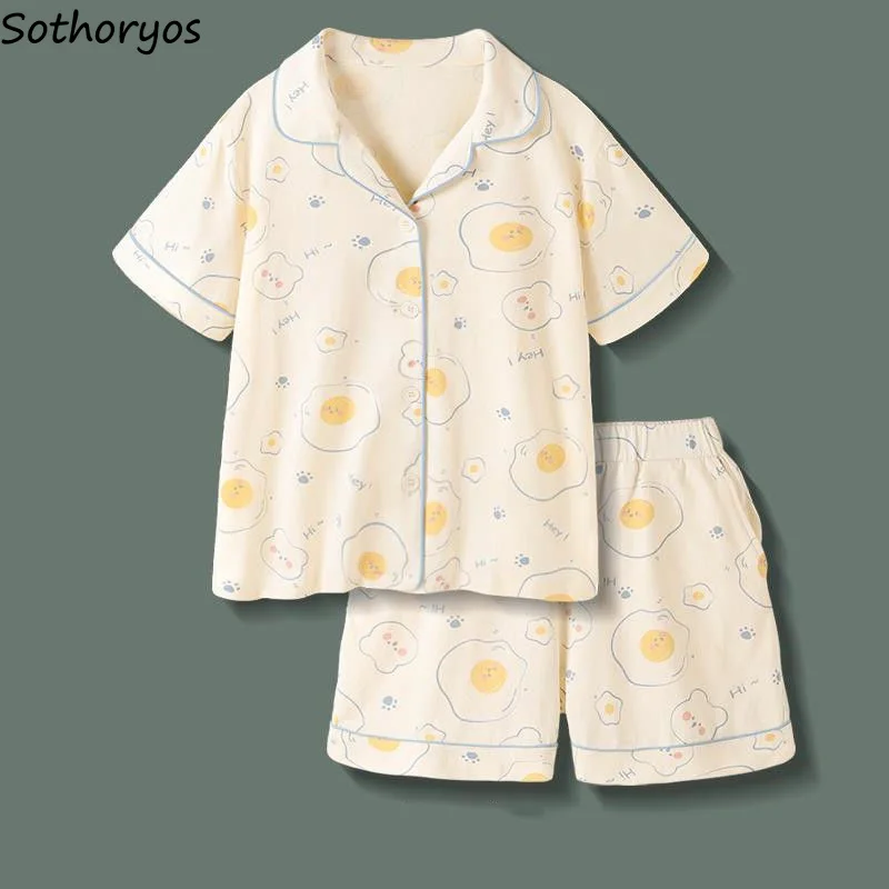 

Pajama Sets Women Turn-down Collar Summer Casual Sleepwear Daily Kawaii Korean Sleep Tops Shorts Ins Sweet New Lounge Wear Soft