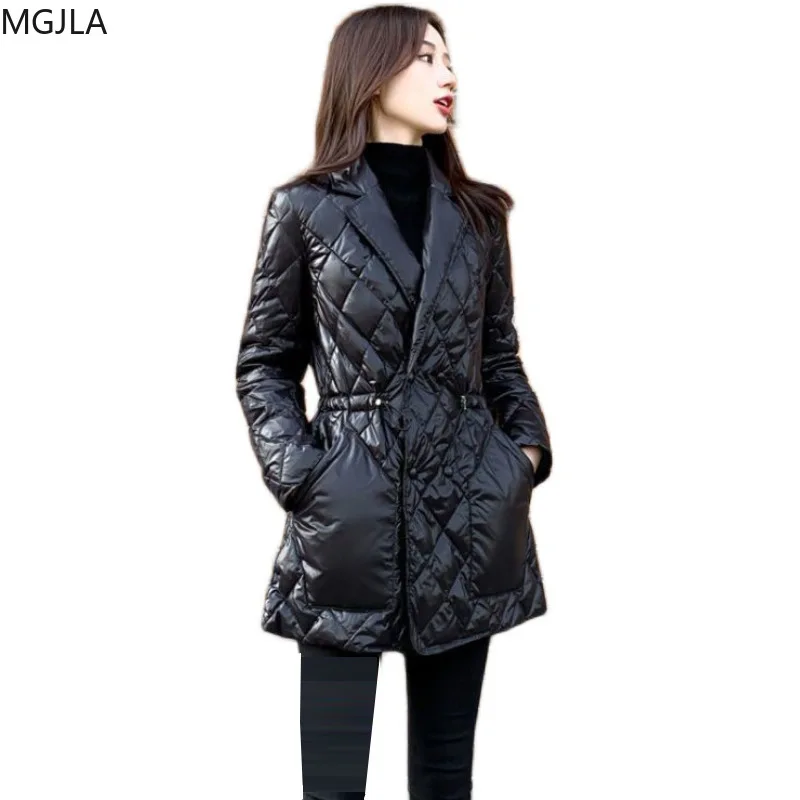 

2020 New Women's Winter Slim Waist Slimming Mid-length Padded Jacket Women's Bright Black Suit Collar Padded Jacket Coat Women