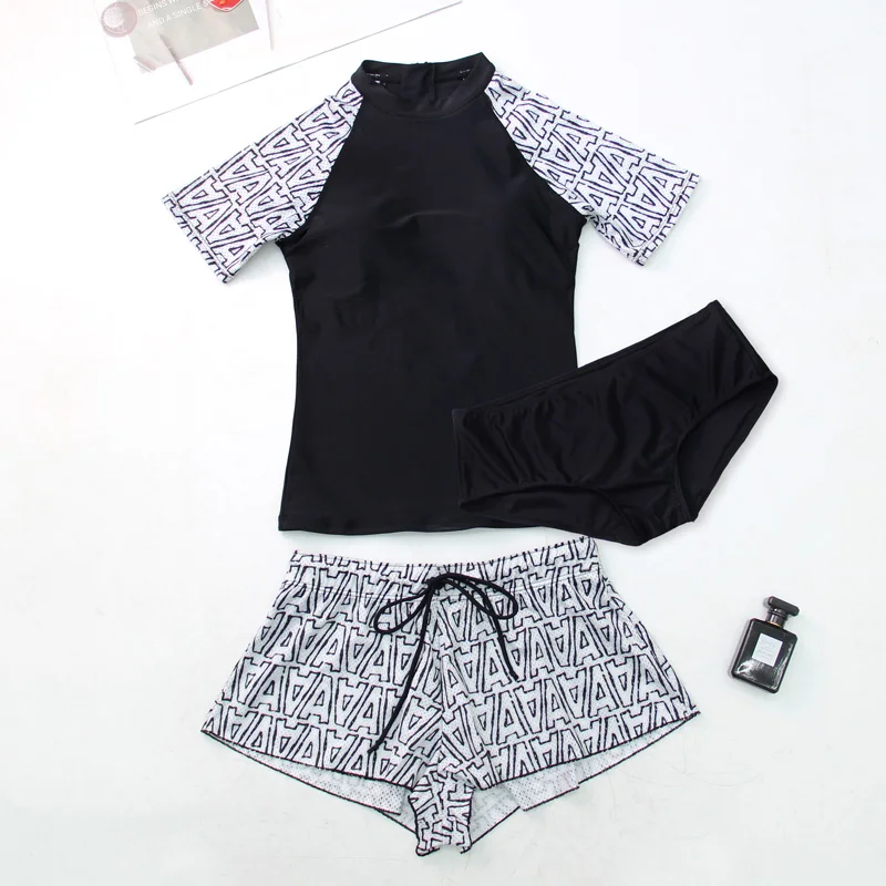 

Swimwear Women 3 Pieces Printed Swimsuit Padded Tankini Bathing Suit Female Beachwear Sport Swimming Short Sleeve Black