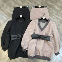 v neck long sleeve fashion check loose medium length sweater belt split skirt suit new 2021