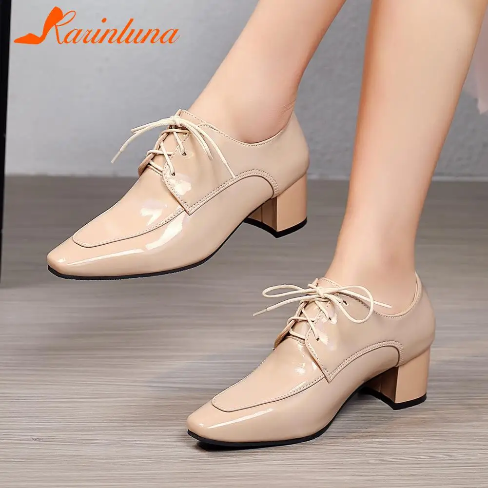 

Женские туфли с острым носком Karinluna, однотонные туфли-лодочки на шнуровке и квадратном каблуке, с перекрестной шнуровкой, большой размер 33-45
