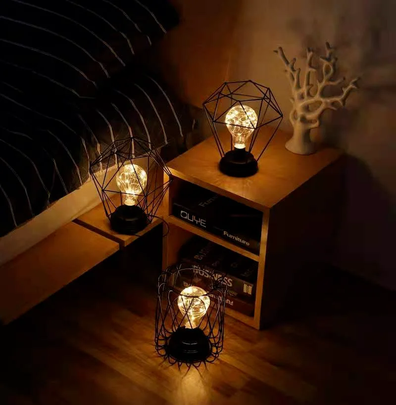 

Desktop Creative Wrought Iron LED Table Lamp Bottle Bird Cage Wire Night Light Wrought Iron Cage Cafe Dining Bar Home Decoration