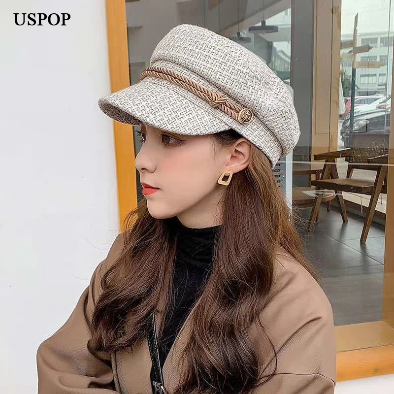 USPOP New winter newsboy caps weaving tweed cap flat visor military hats | Аксессуары для одежды