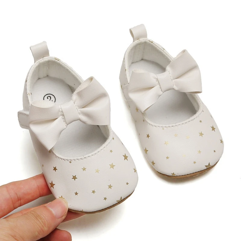 Обувь для новорожденных девочек со звездами ПУ кожа обувь первых шагов с бантом